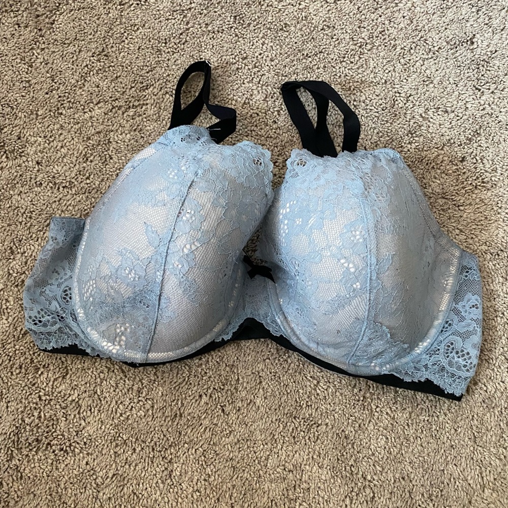 Victoria’s Secret Blue Lace Black Bow Bra 38D Dream Angels Lined Demi